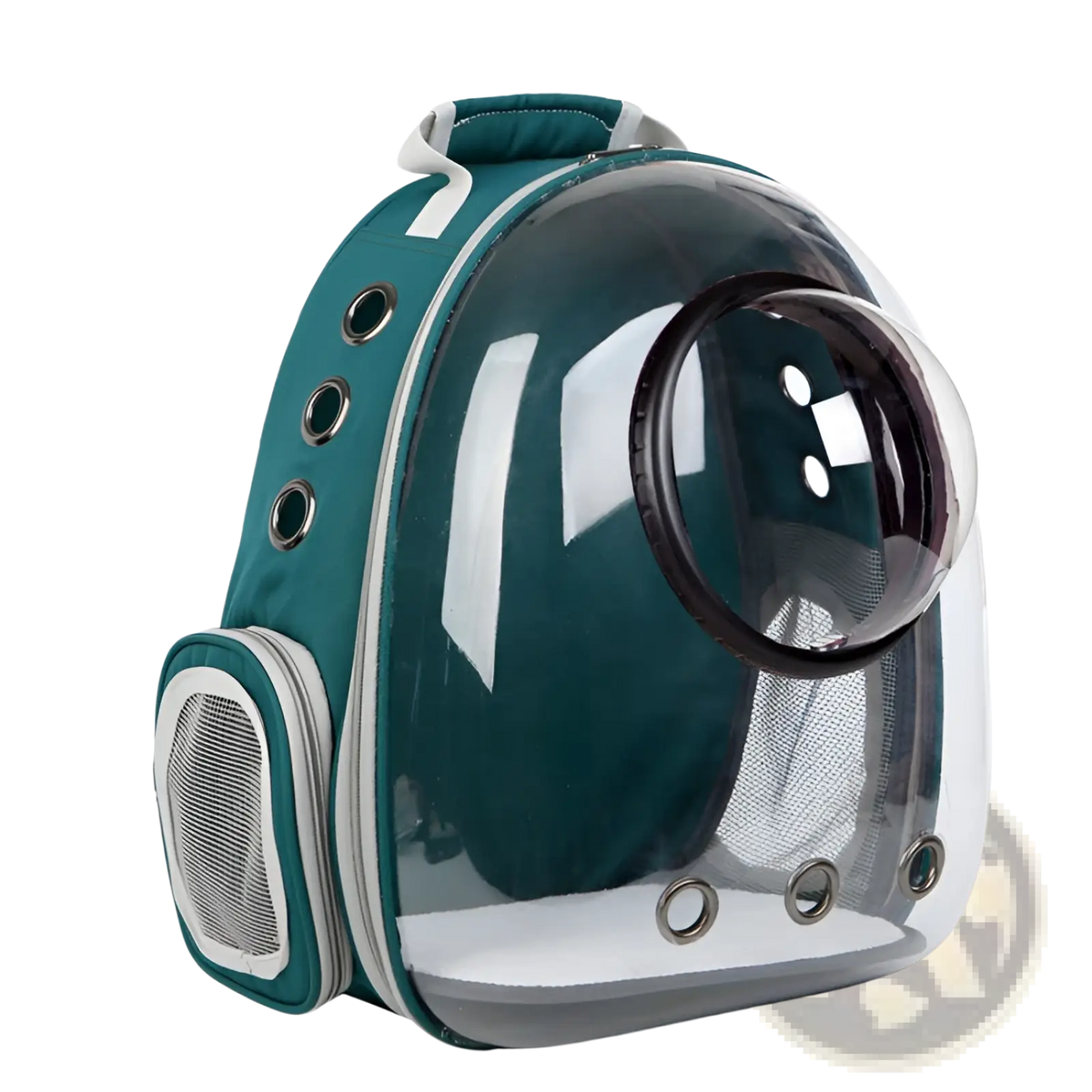 Teal and clear transparent astronaut cat bubble backpack carrier with circular viewport mesh panels and silver hardware