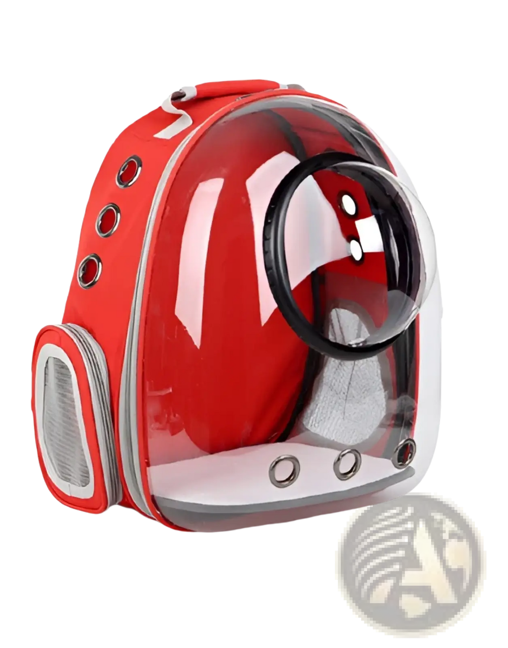 Transparent astronaut cat bubble backpack carrier in red and clear with black viewport silver trim and mesh ventilation panels