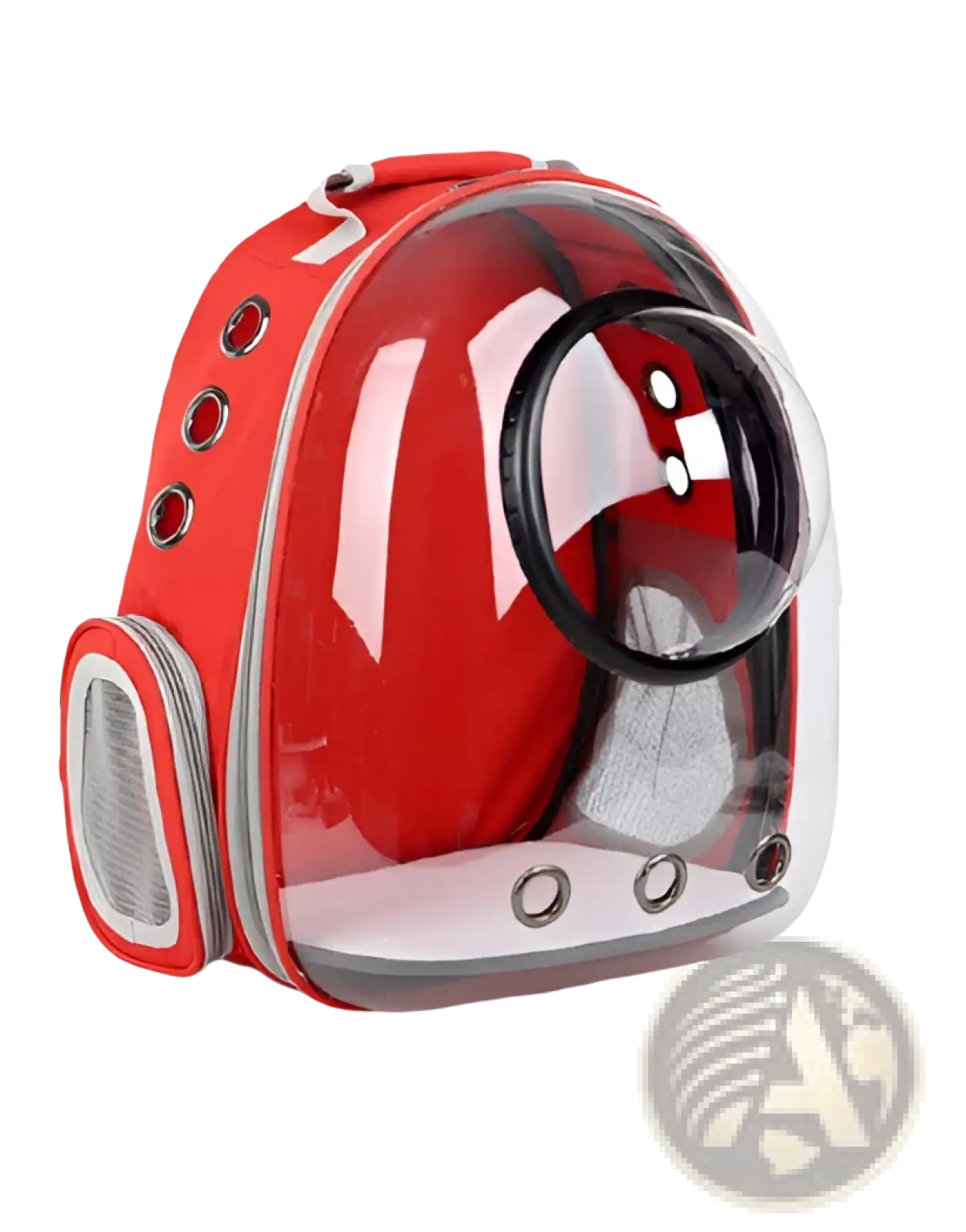 Transparent astronaut cat bubble backpack carrier in red and clear with black viewport silver trim and mesh ventilation panels