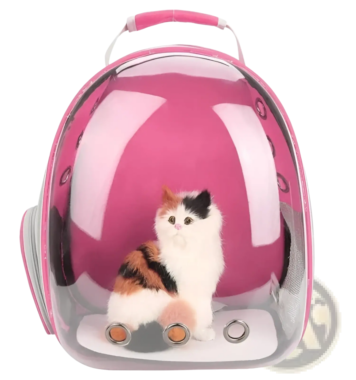 Pink transparent astronaut cat bubble backpack carrier with clear dome, soft interior, adjustable straps, and ventilation holes