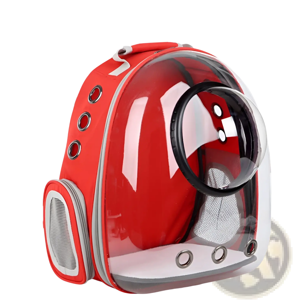 Transparent astronaut cat bubble backpack carrier in red with clear dome and black circular viewport for pets