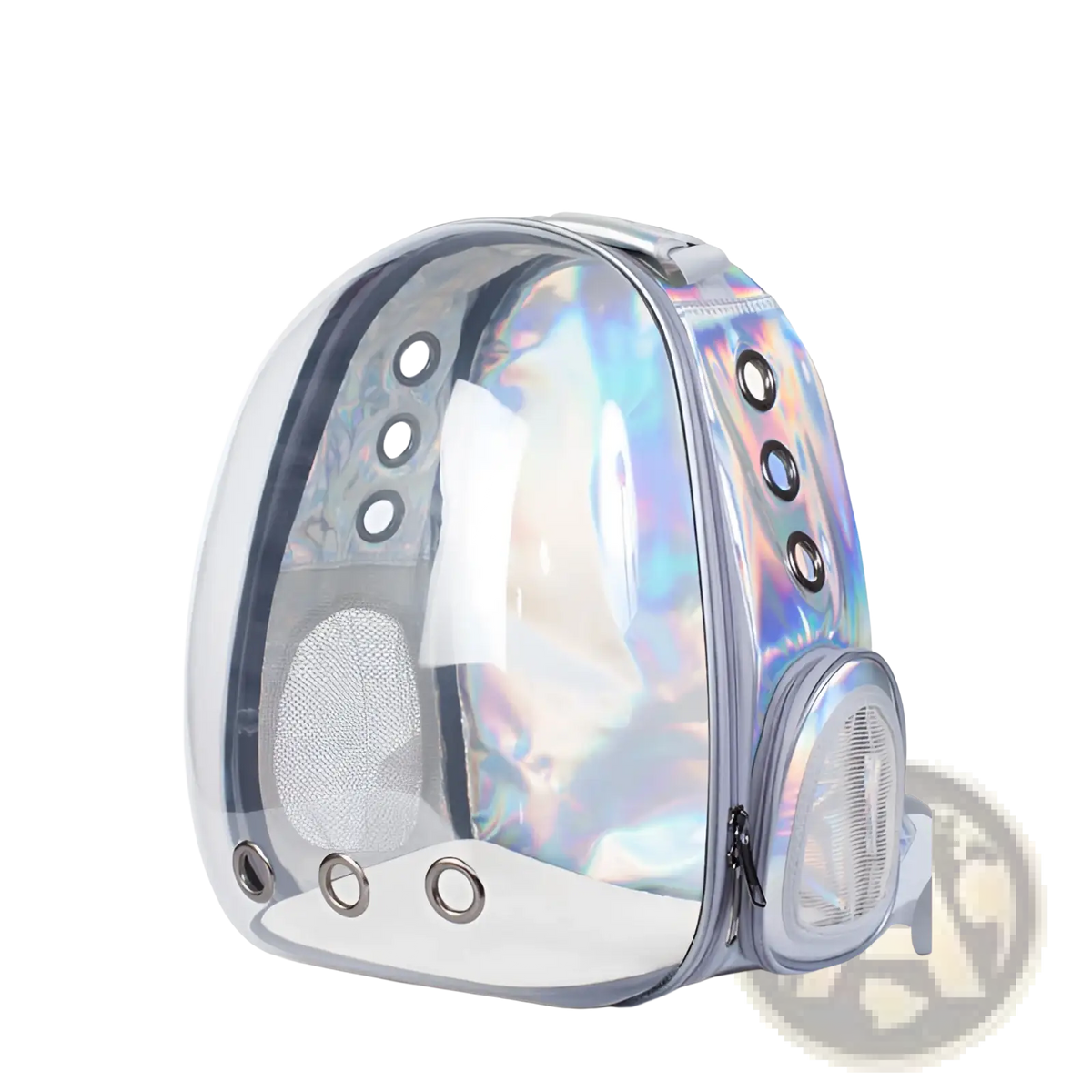 Transparent astronaut cat bubble backpack carrier with silver metallic accents and circular ventilation holes