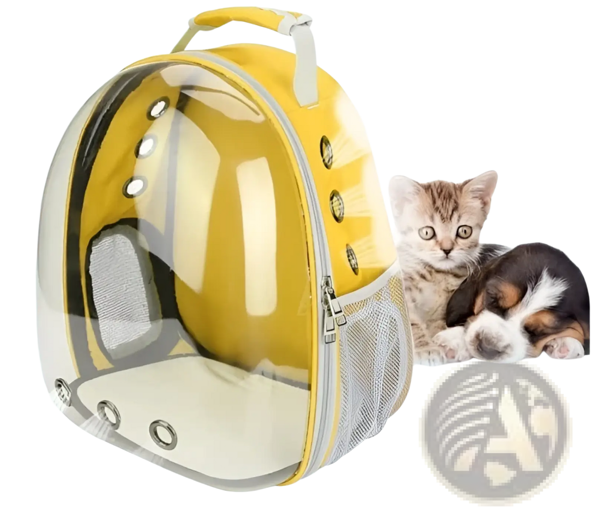 Yellow transparent astronaut cat bubble backpack carrier with mesh sides and soft interior for pet comfort