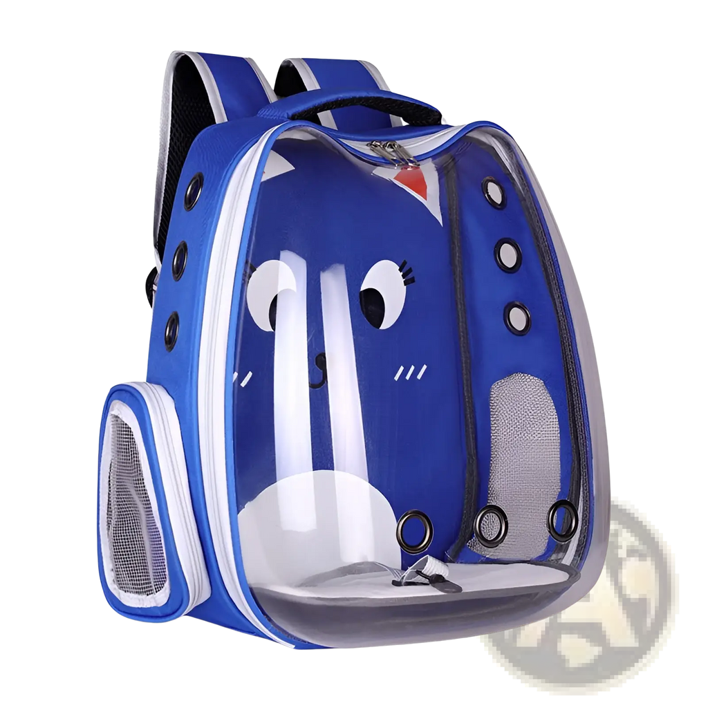 Transparent breathable cat backpack carrier in blue transparent material with white accents and black circular details
