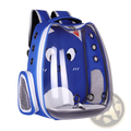 Transparent breathable cat backpack carrier in blue transparent material with white accents and black circular details