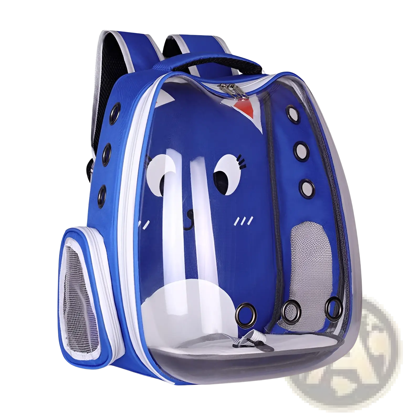 Transparent breathable cat backpack carrier in blue transparent material with white accents and black circular details