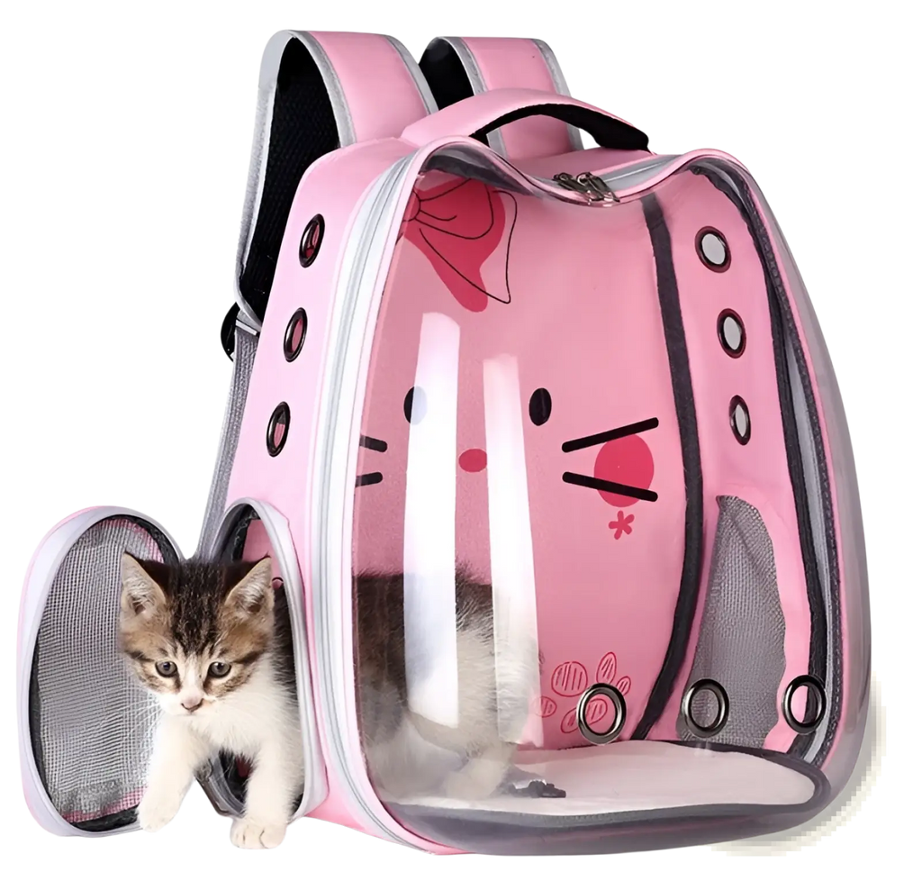 Pink transparent pet carrier backpack with hello kitty design mesh sides and black accents for cats