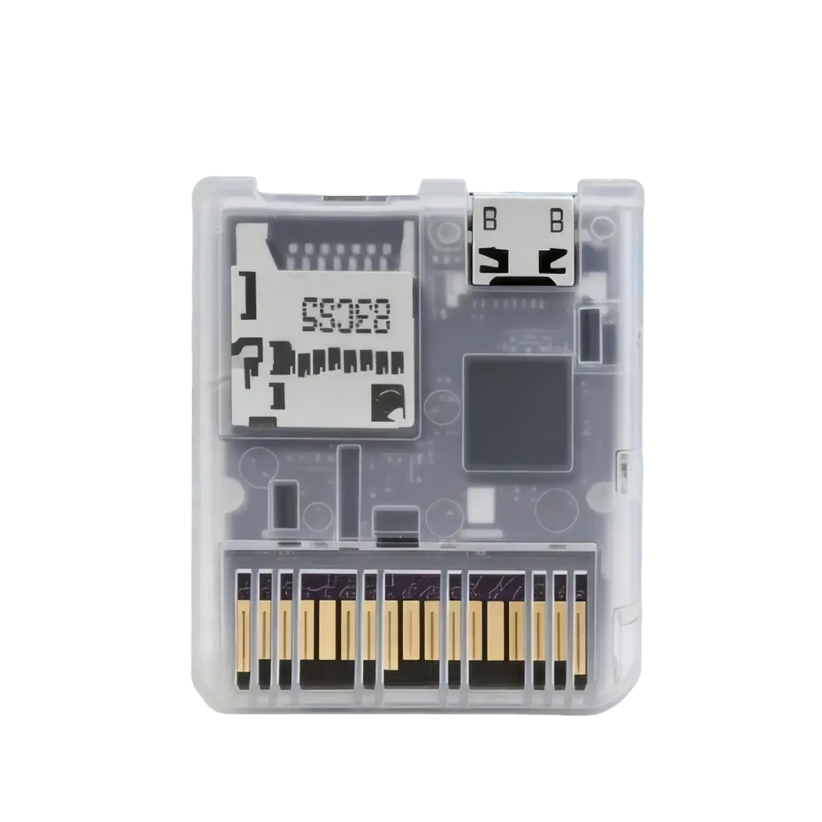 Transparent console game card reader adapter in clear plastic case resembling nintendo 3ds with circuit board patterns and gold pins