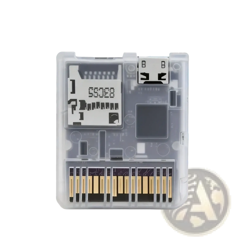 Transparent console game card reader adapter in clear plastic case resembling nintendo 3ds with circuit board patterns and gold pins