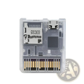 Transparent console game card reader adapter in clear plastic case resembling nintendo 3ds with circuit board patterns and gold pins