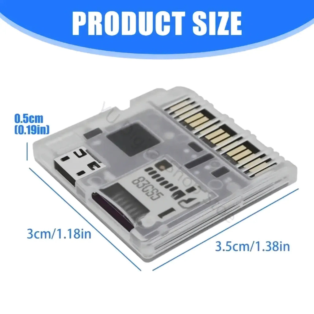 Transparent console game card reader adapter made of clear plastic with gold contacts and a visible usb port