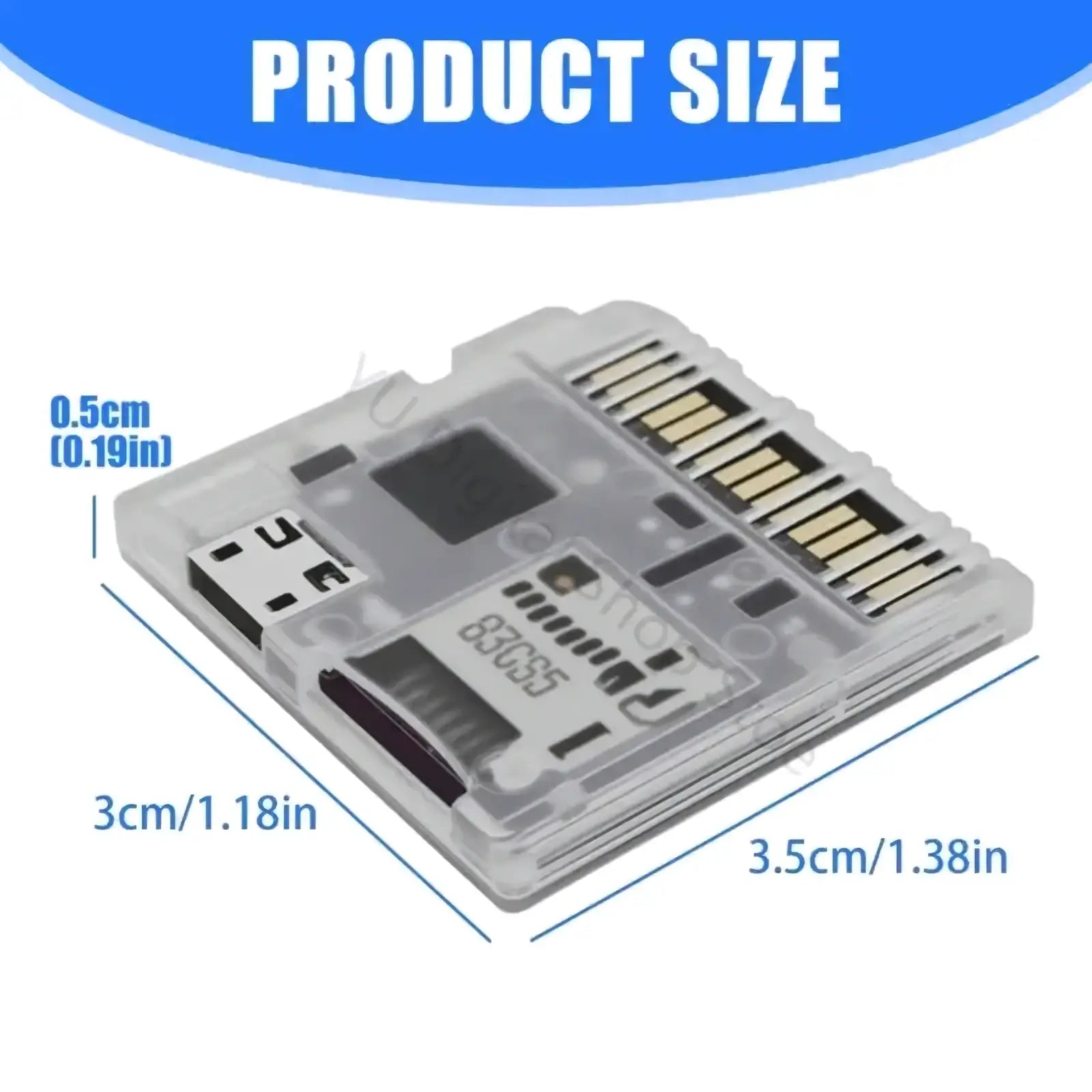 Transparent console game card reader adapter made of clear plastic with gold contacts and a visible usb port