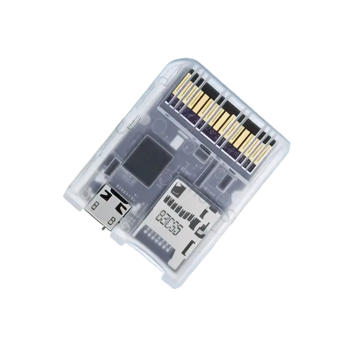 Transparent console game card reader adapter showing transparent plastic ps5 controller memory card adapter with usb port