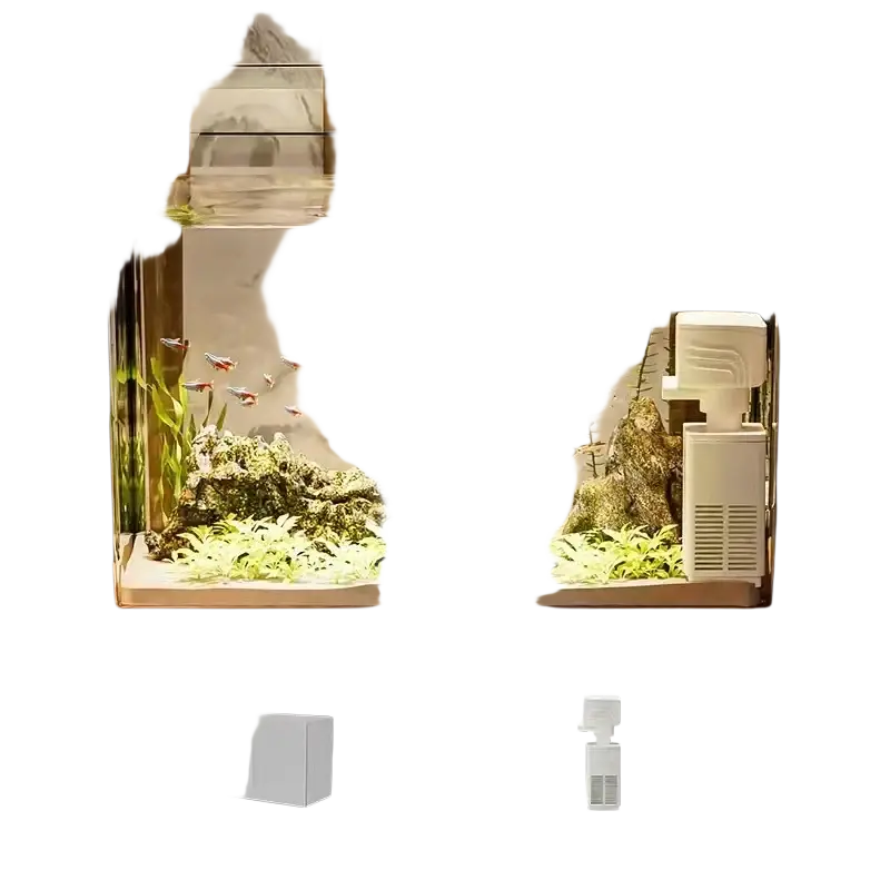Transparent desktop fish tank with lid featuring clear rectangular glass 31x23x17.5cm and white oxygenation pump