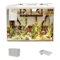 Transparent desktop fish tank with clear glass sides and built-in white filtration system featuring colorful tropical fish
