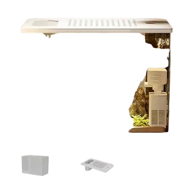 Transparent desktop fish tank with white rectangular design clear glass sides built-in lid and internal filtration system