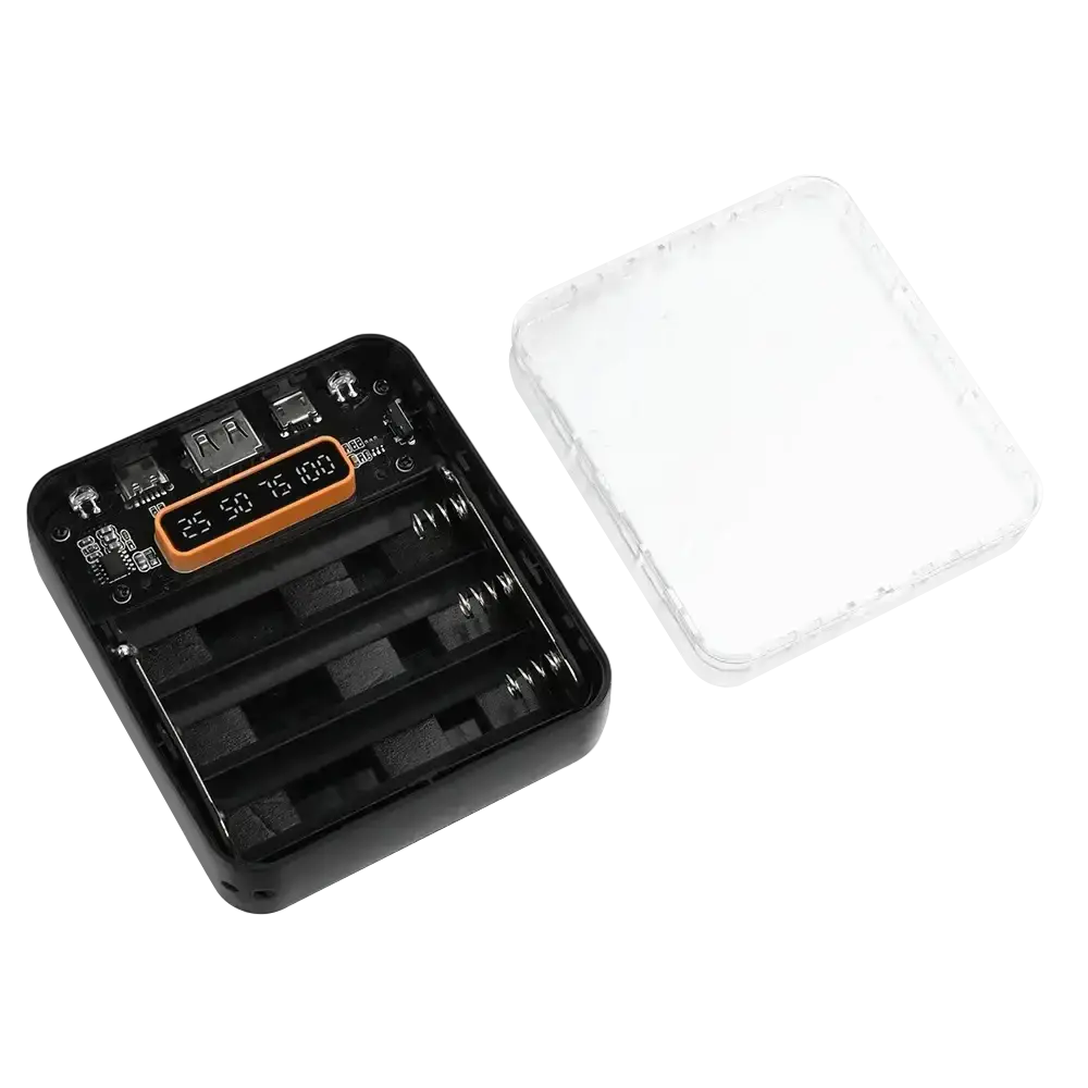 Black plastic transparent diy power bank case with orange digital display for 3 flat head 18650 batteries and circuit board for mobile phones