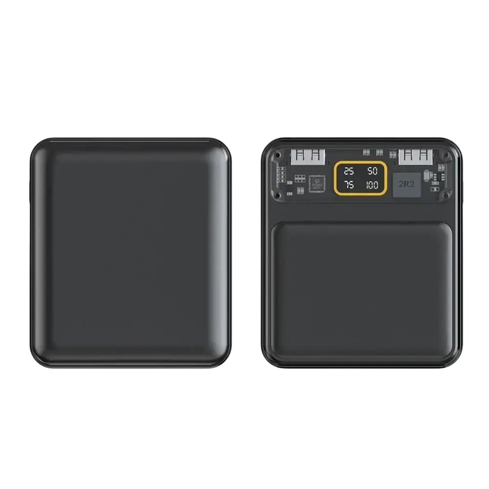 Black rectangular transparent diy power bank case showing circuit board and illuminated yellow display for flat head batteries