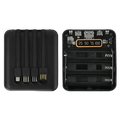 Black rectangular portable charger with four integrated flat head cables and digital display for mobile phones battery levels