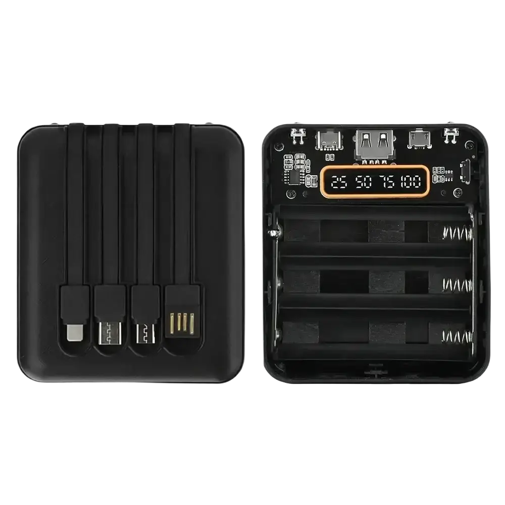 Black rectangular portable charger with four integrated flat head cables and digital display for mobile phones battery levels