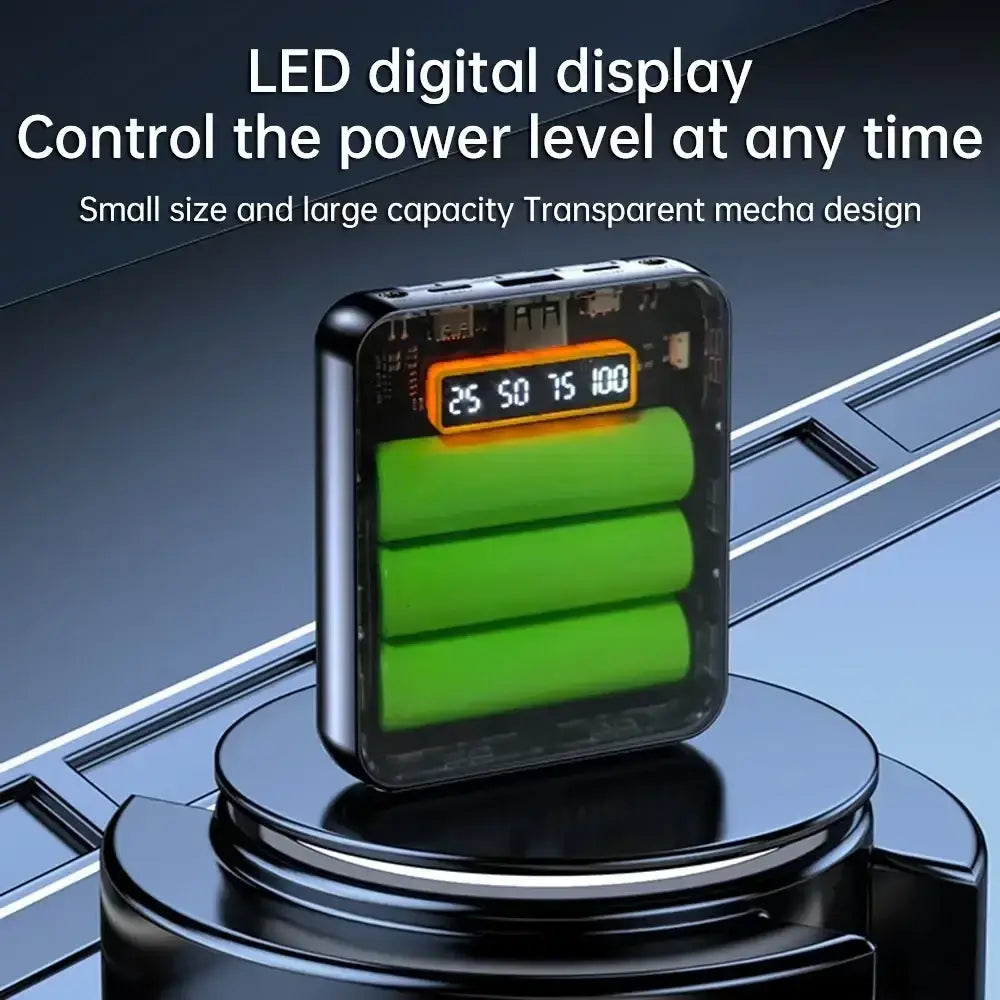 Black rectangular transparent diy power bank case showing three flat head 18650 batteries and an orange led display for mobile phones