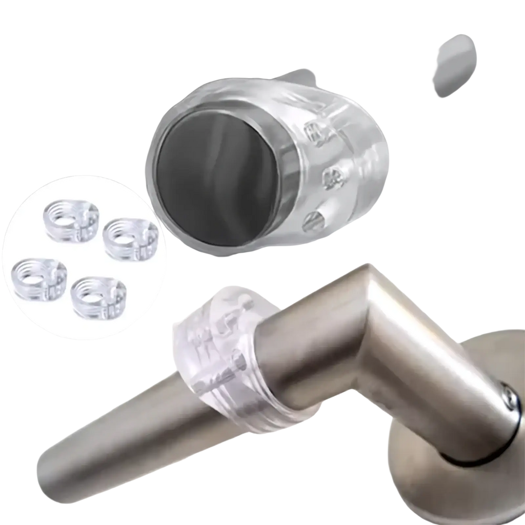 Transparent door handle wall protector made of clear plastic with a sleek, transparent design for door handle protection