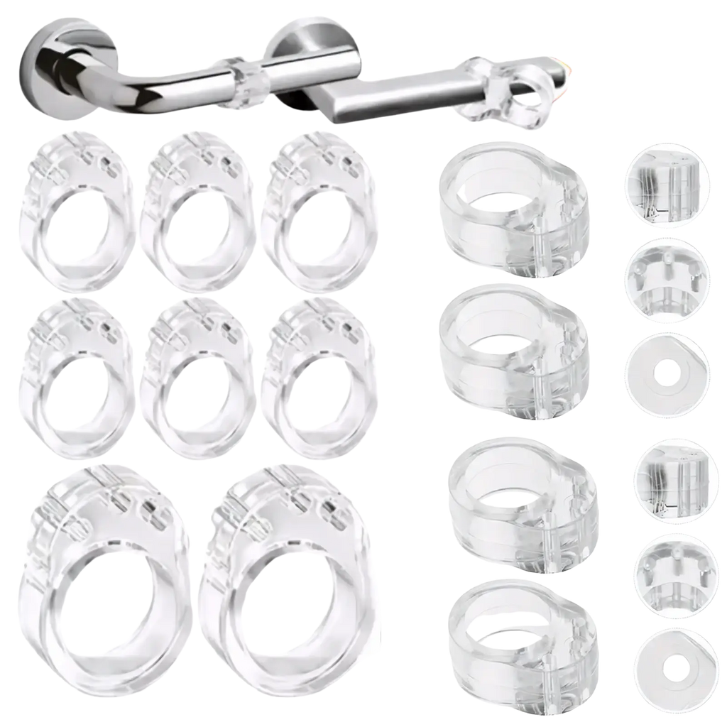 Transparent door handle wall protector with clear plastic curtain rings and chrome finished rod for durability
