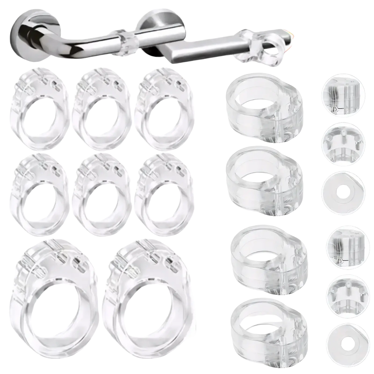 Transparent door handle wall protector with clear plastic curtain rings and chrome finished rod for durability