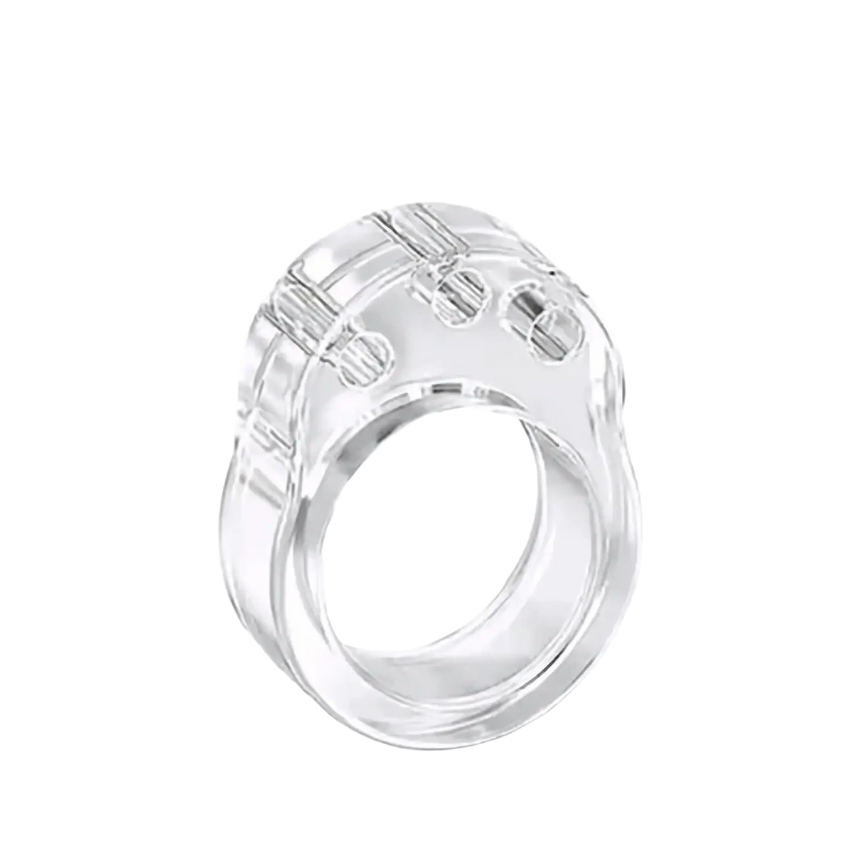 Transparent door handle wall protector made of clear plastic with textured segmented design and three circular cutouts