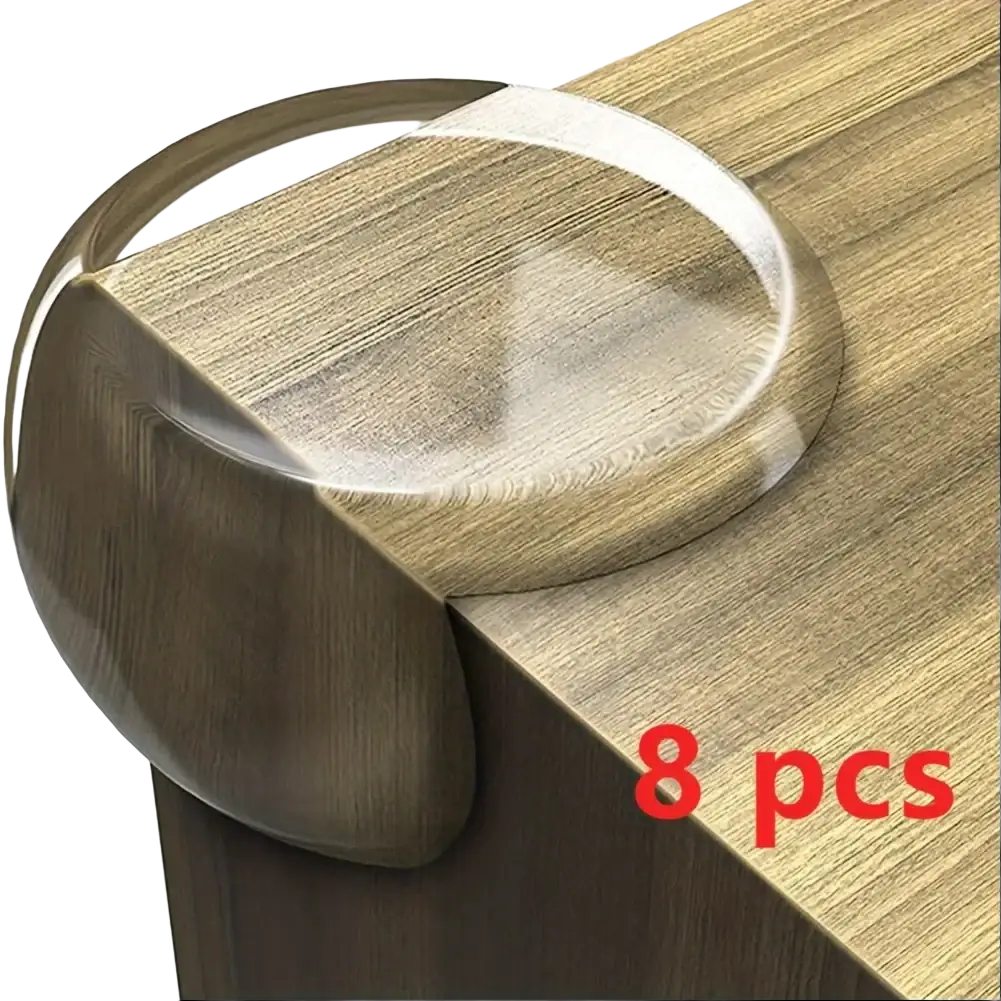 Transparent furniture corner protector made of smooth silicone with rounded corners and a slightly raised edge