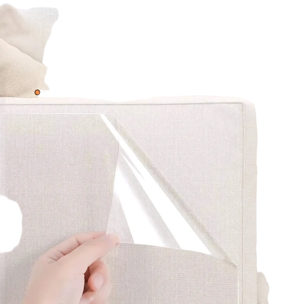 Clear transparent protective film being peeled from beige fabric sofa cushion showing transparent furniture protection film scratch shield