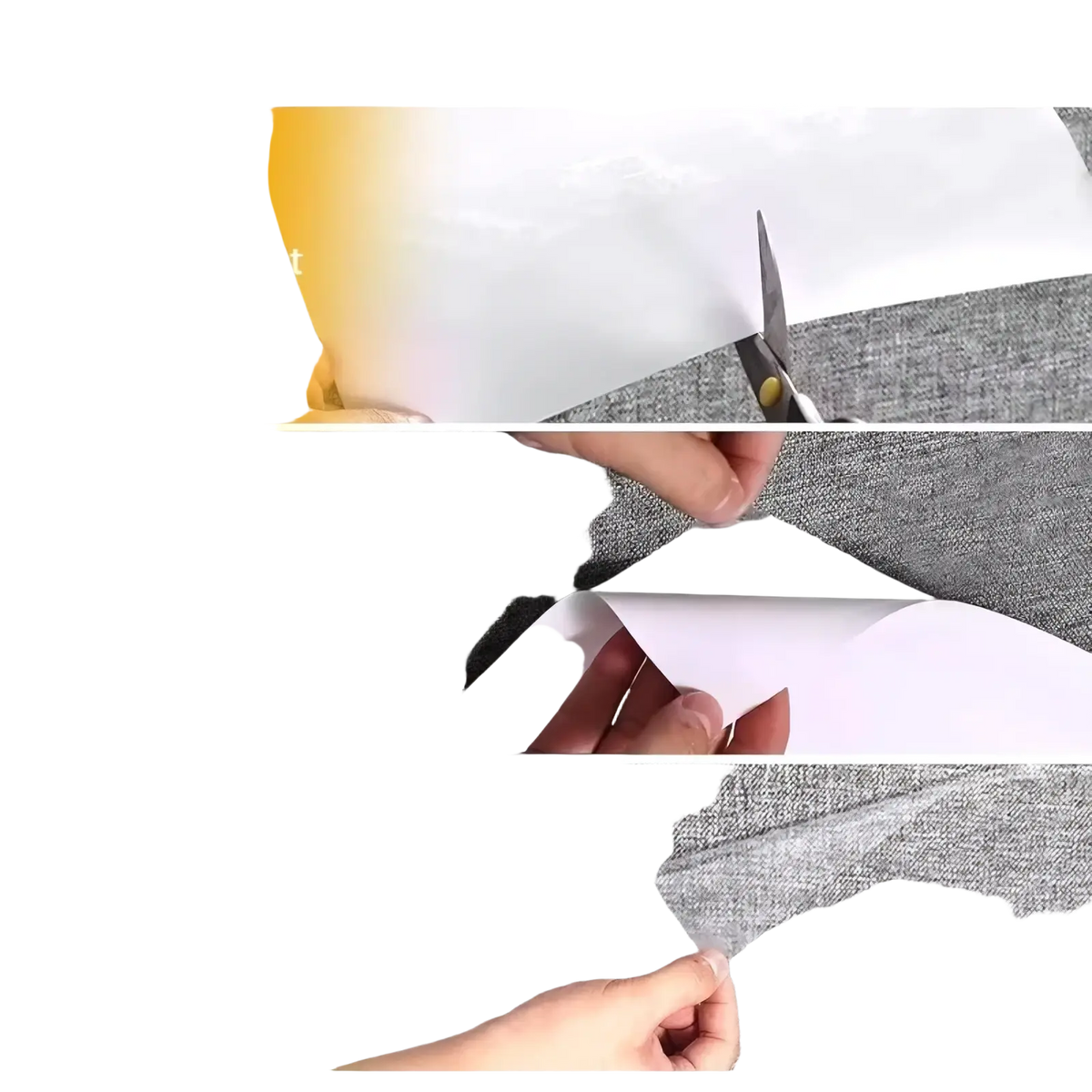 Gray textured fabric protective sheet with white adhesive backing of transparent furniture protection film scratch shield