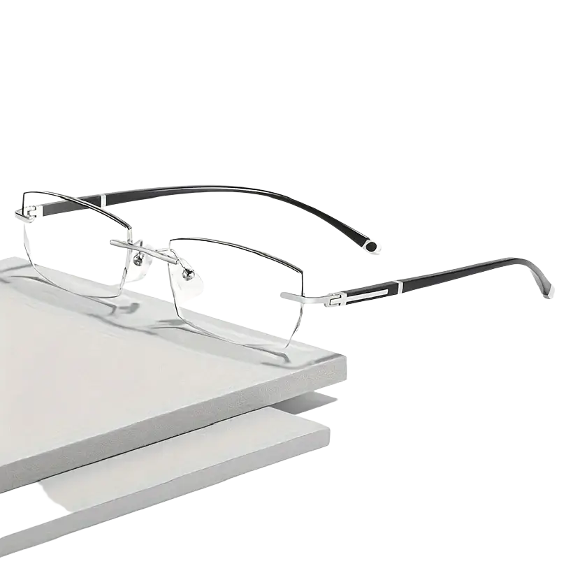 Black and silver rimless reading glasses with transparent lenses and rectangular design for casual wear