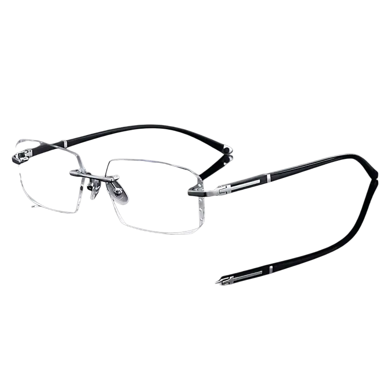 Black and silver rimless rectangular reading glasses with transparent lenses designed for casual wear and modern style