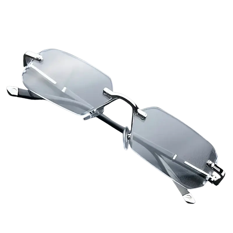 Silver-rimmed rimless rectangular reading glasses with transparent lenses and black temple tips for casual wear