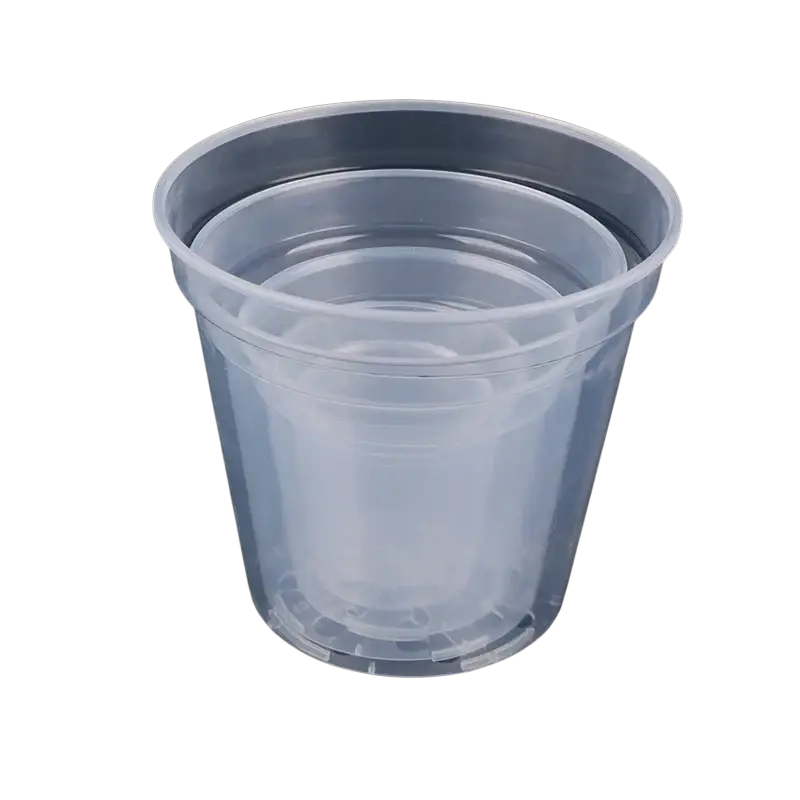 Transparent plastic orchid pot with smooth tapered design and reinforced rim ideal for growing phalaenopsis orchids