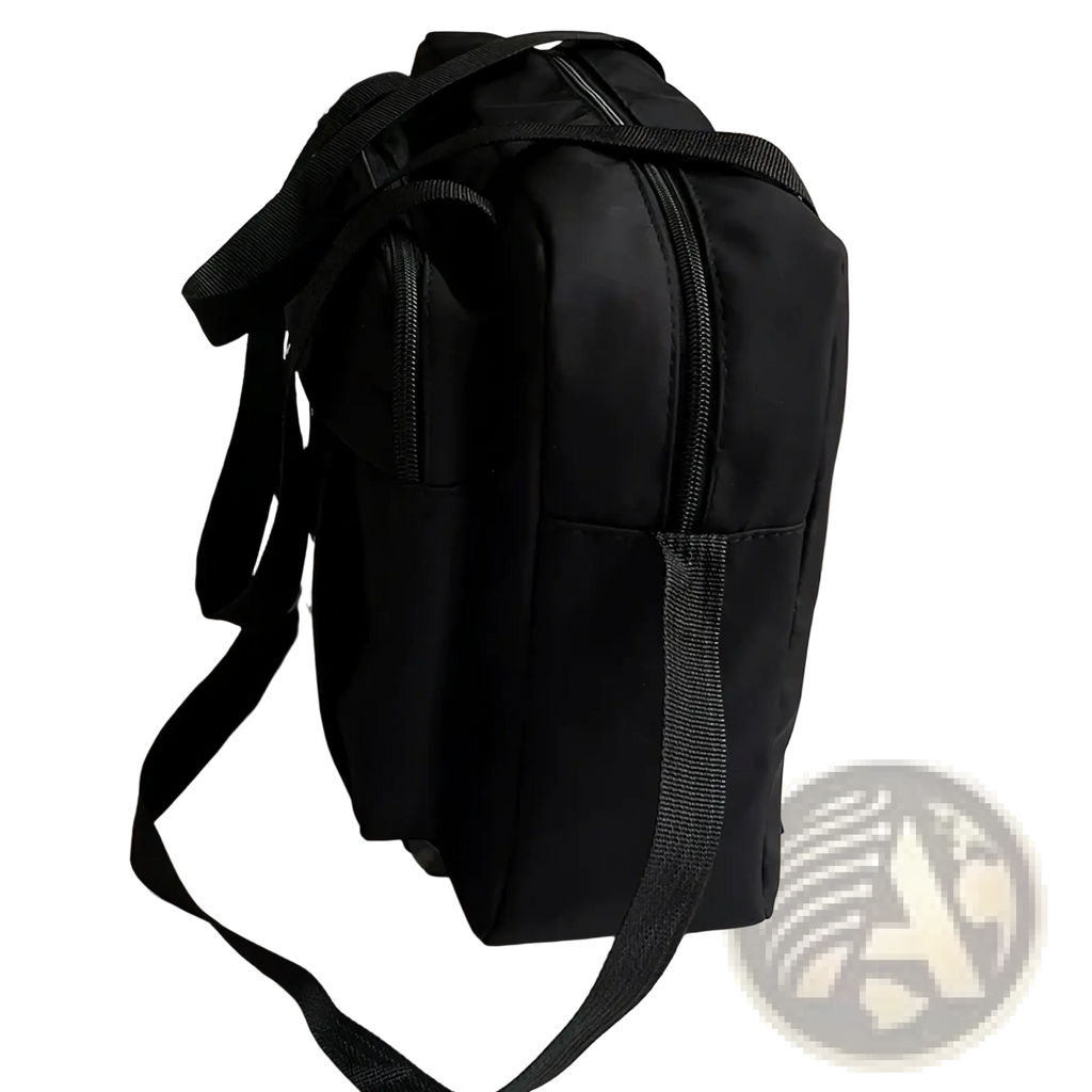 Black nylon transparent panel canvas travel messenger bag with adjustable shoulder straps and front zipper pocket