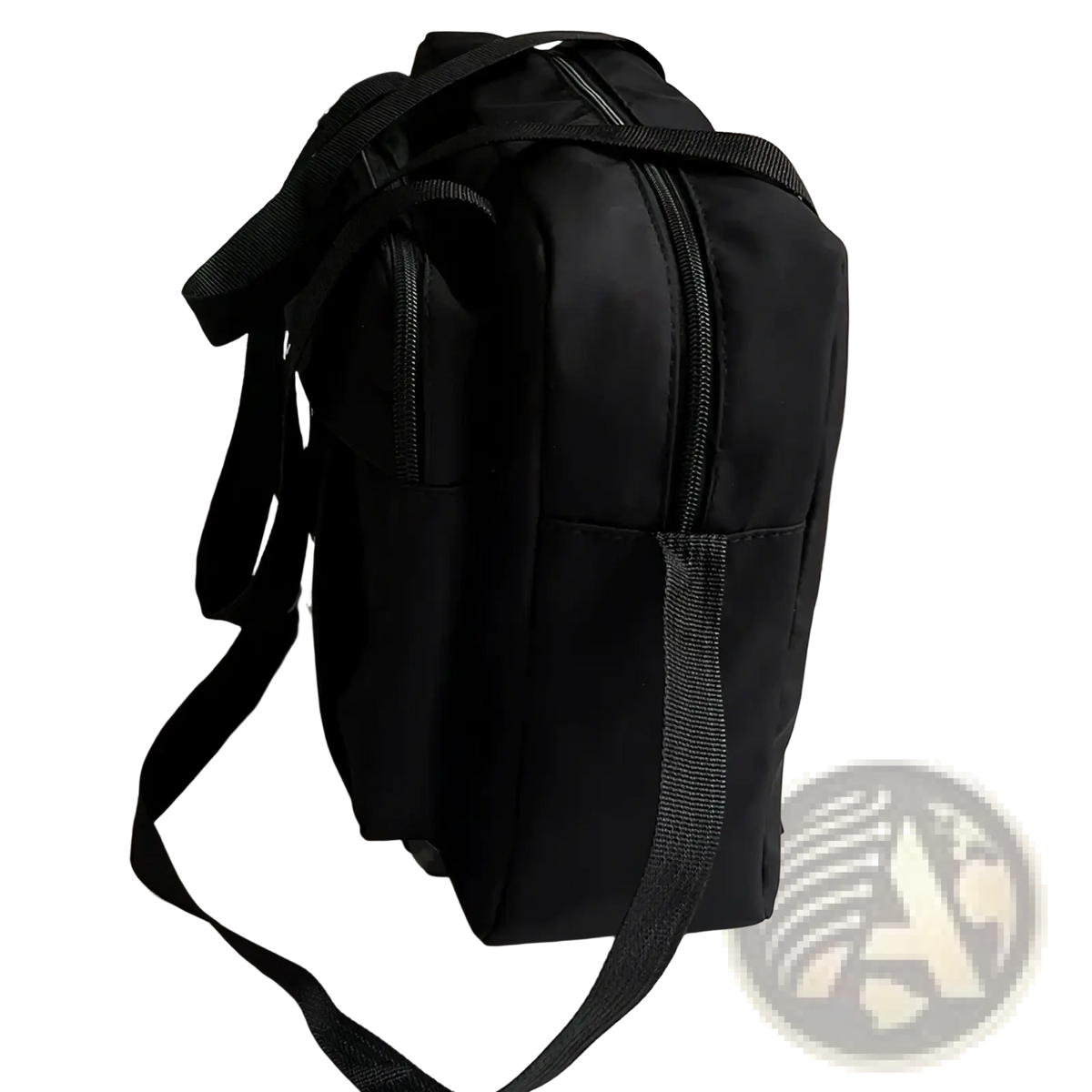 Black nylon transparent panel canvas travel messenger bag with adjustable shoulder straps and front zipper pocket