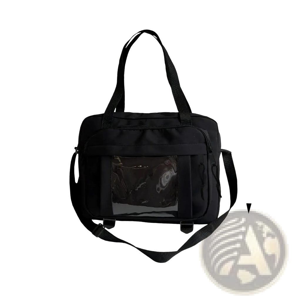 Black canvas travel messenger bag with clear plastic front pocket and adjustable shoulder straps