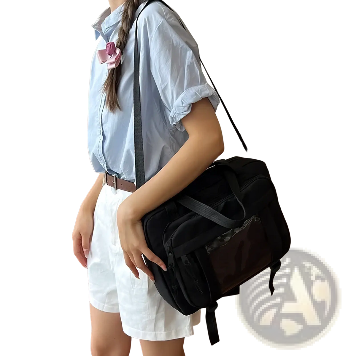 Black canvas travel messenger bag with transparent front panel and adjustable shoulder straps