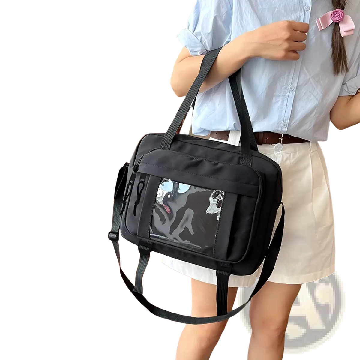 Black canvas travel messenger bag with transparent panel featuring an anime-style dog illustration