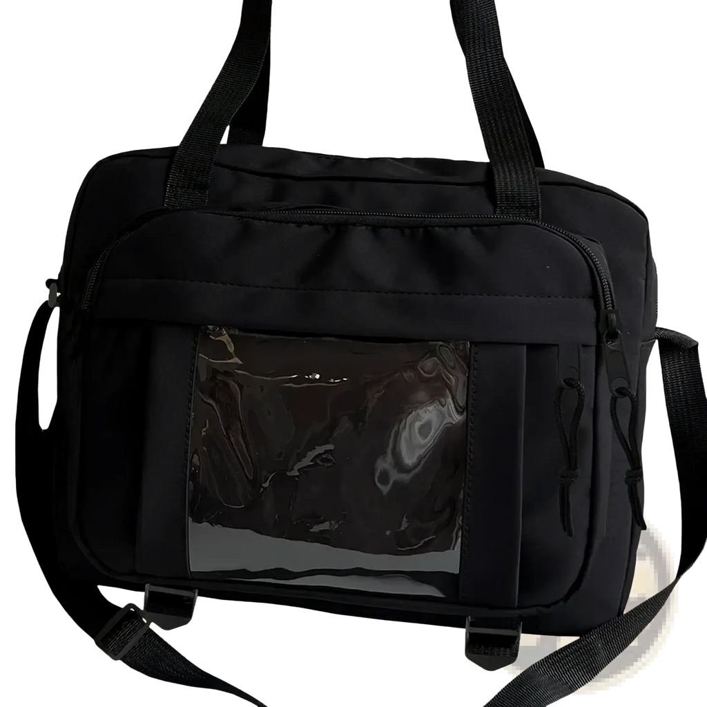 Black nylon transparent panel canvas travel messenger bag with front clear pocket and adjustable shoulder strap