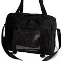 Black nylon transparent panel canvas travel messenger bag with front clear pocket and adjustable shoulder strap