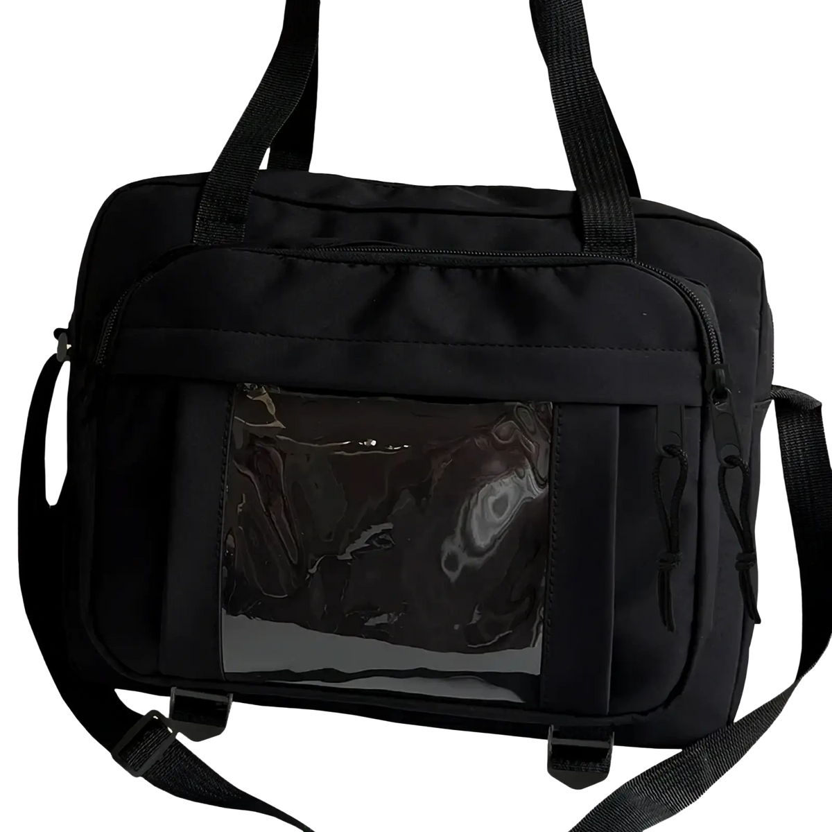 Black nylon transparent panel canvas travel messenger bag with front clear pocket and adjustable shoulder strap