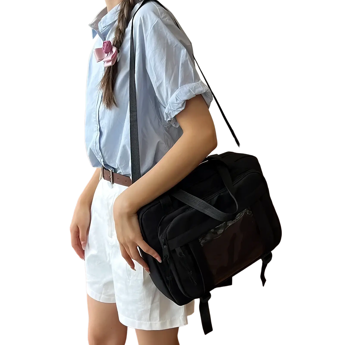 Black canvas travel messenger bag with transparent front panel and adjustable shoulder straps