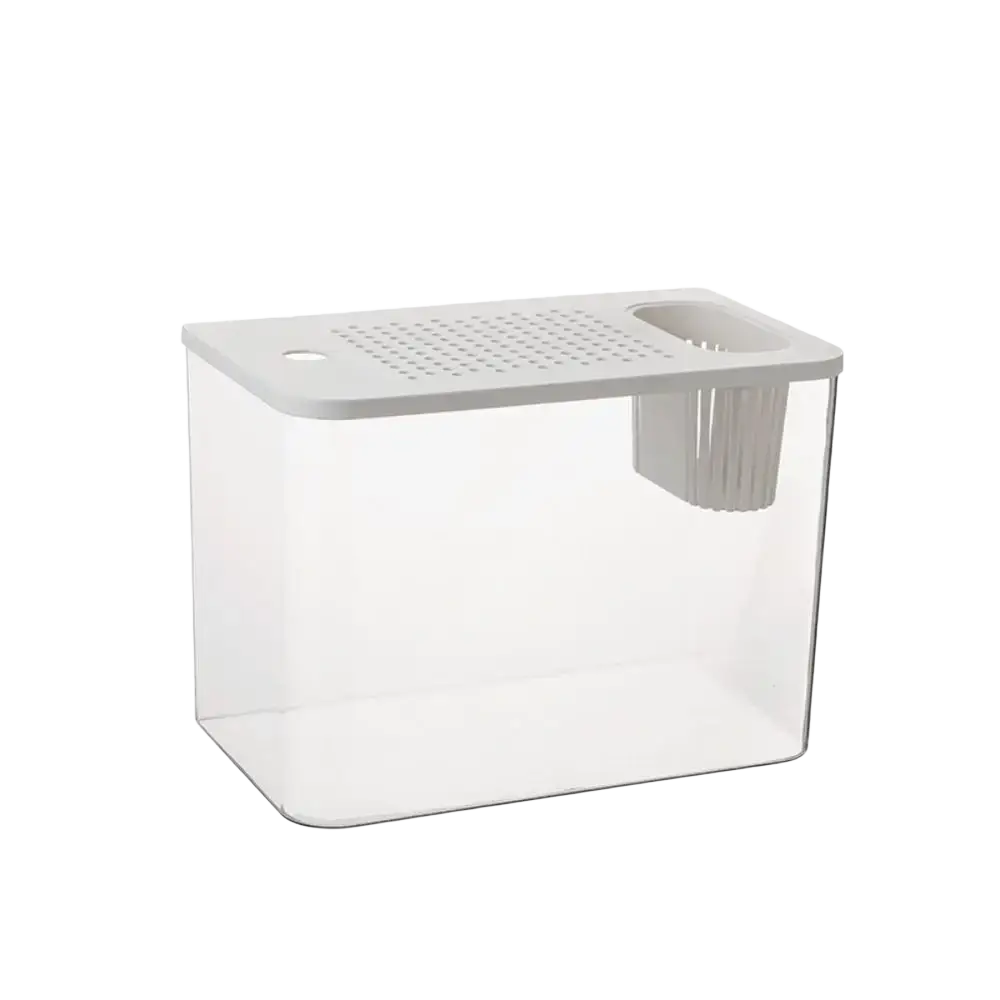 Transparent pet and abs fish tank featuring a clear plastic container with a gray perforated lid and integrated handle