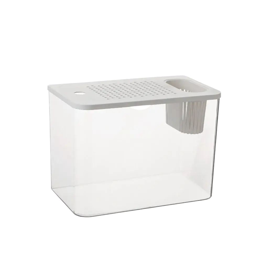 Clear plastic rectangular fish tank with white perforated lid and integrated filter system for pet and abs fish tank use
