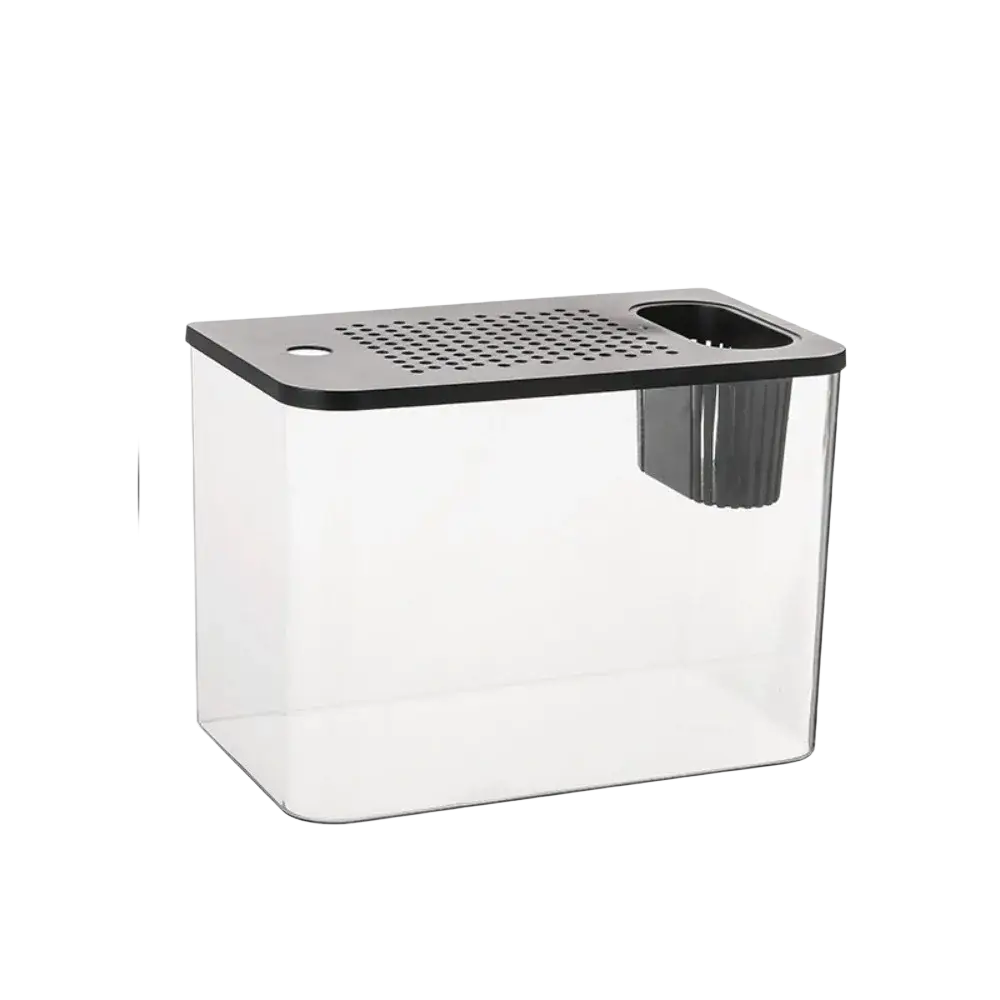 Transparent pet and abs fish tank with clear plastic body black perforated lid and side-mounted gray filter shown from back side