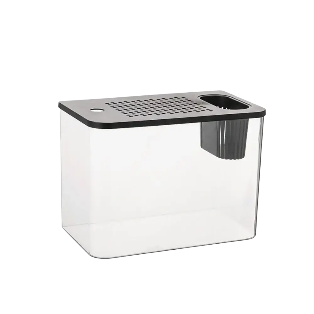 Transparent plastic fish tank with black perforated lid and gray filter compartment for pet and abs use