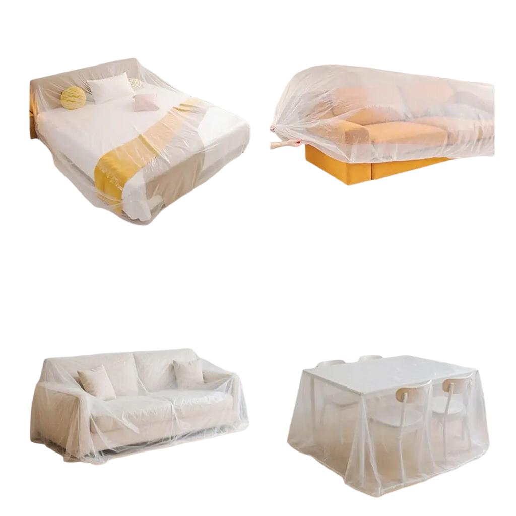Transparent plastic furniture dust cover made of clear material to protect beds sofas and dining tables from dust
